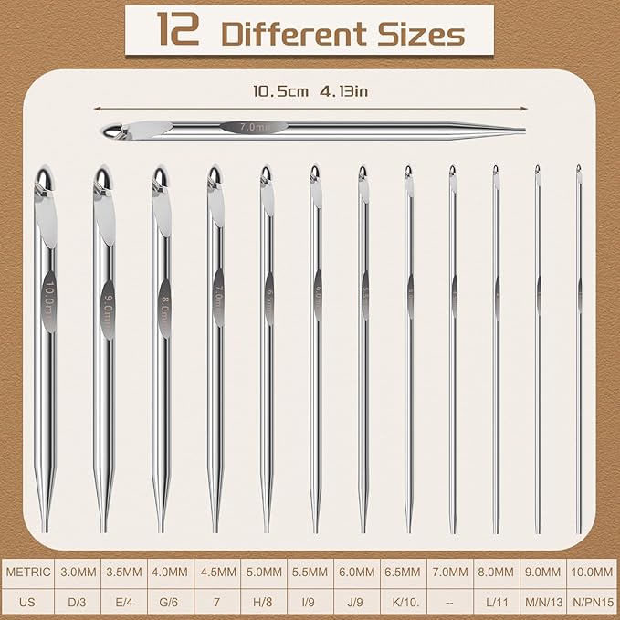 Aeelike Interchangeable Tunisian Crochet Hooks Set, 12 Sizes Tunisian Crochet Hooks Set with Cables 3.0mm - 10.0mm Smooth Ergonomic Hook for Making Blanket Scarves, Ideal Gift