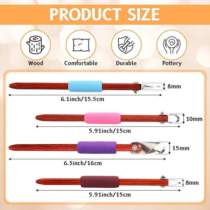 Lanties 4 Pcs Pottery Carving Tool Set Sculpture Scraper Craft Modelling Tools Red Pear Wood Texture Handle with Stainless Steel Blade for Clay Carving, Ceramic Sculpting, Graffito (Wonderful Color)