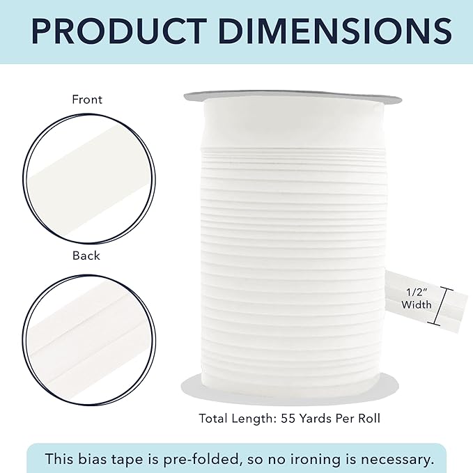 Mandala Crafts 1/2 Inch Single Fold Bias Tape for Sewing, Quilting, Piping, Hemming, Blanket & Quilt Binding – 55 Yards Off White Fabric Seam Binding Tape