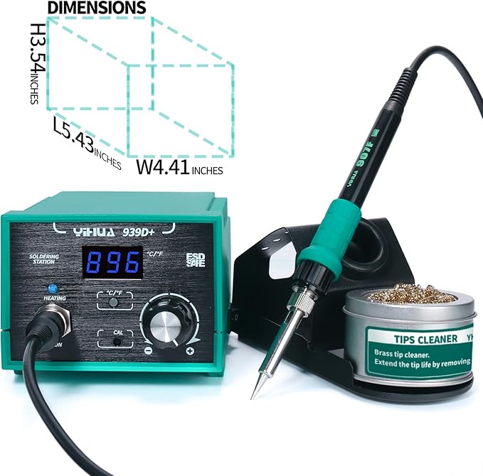 YIHUA 939D+ Digital Soldering Station, 75W Equivalent with Precision Heat Control (392°F to 896°F) and Built-in Transformer. ESD Safe, Lead Free with °C/°F display (Green)