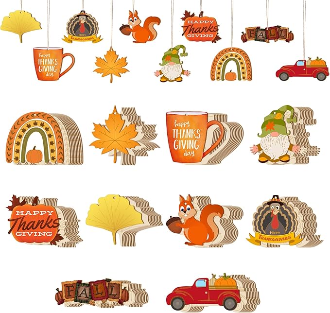 Subacy 80 PCS Unfinished Thanksgiving Wood Cutouts 10 Styles DIY Wooden Crafts, Wooden Art Tags for Painting, Thanksgiving Hanging Ornaments(Thanksgiving)
