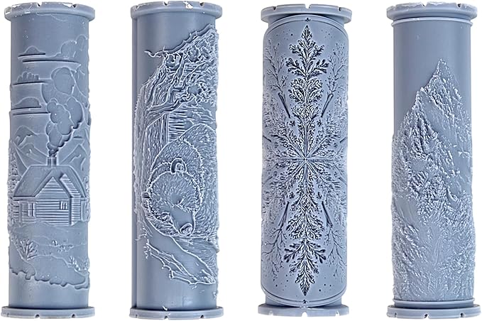 Winter Woods Collection 4-Pack Clay Texture Rollers (4") - Winter Set #01 - Embossing Pattern Rollers for Polymer & Ceramic Clay, Pottery & Crafts