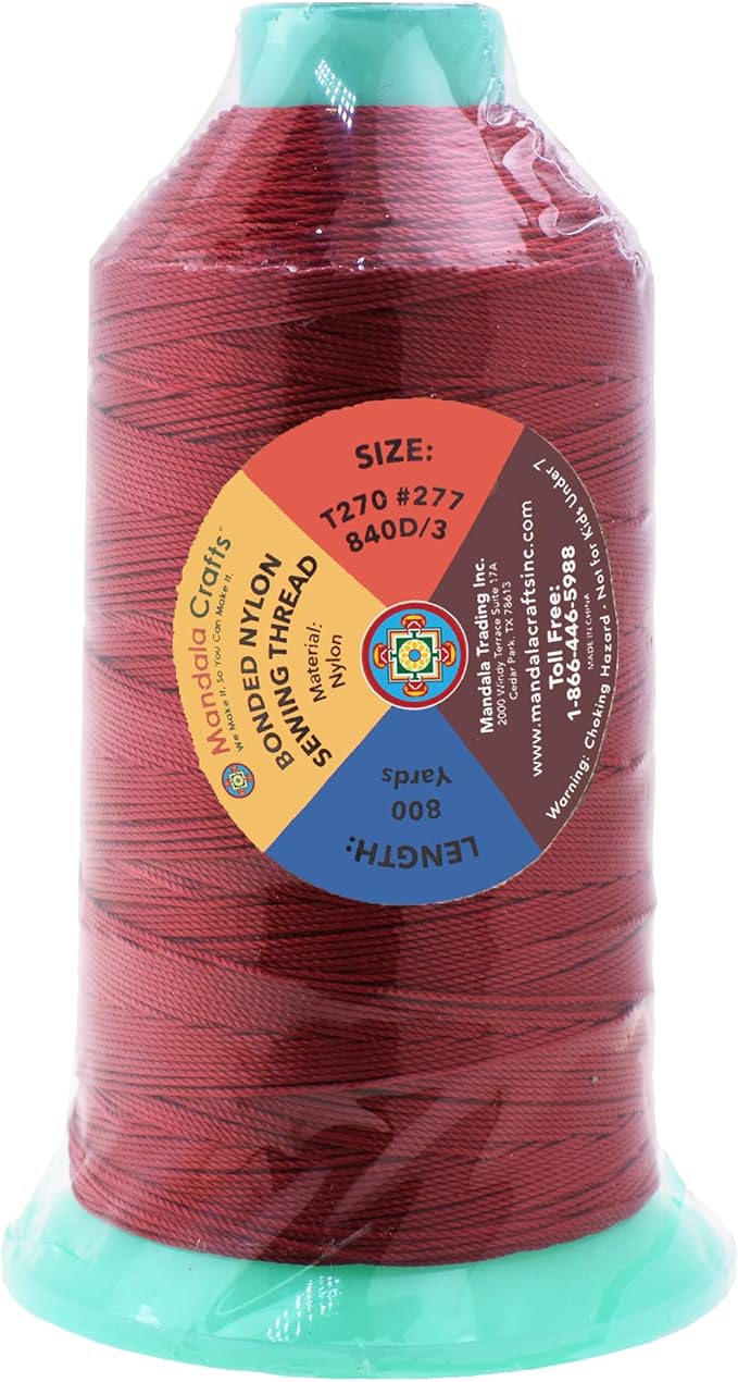 Mandala Crafts Size 277 840D T270 Bonded Nylon Thread - Maroon 800 YDs Tex 270 Heavy Duty Sewing Threads for Leather, Jeans, Weaving, Outdoor Marine Upholstery
