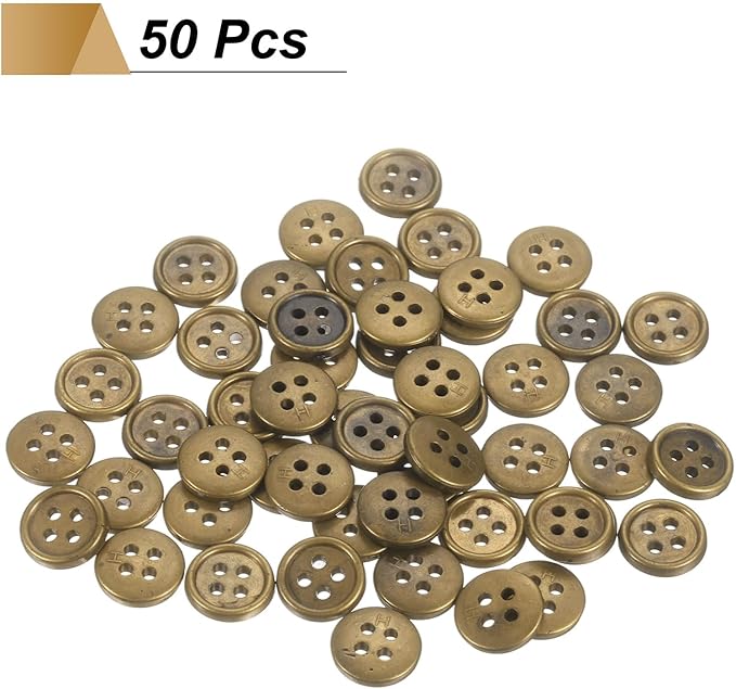 HARFINGTON 50pcs 16L Plastic Sewing Buttons 10mm 3/8" 4-Hole Round Replacement Craft Button for Coats Sewing Clothing and DIY, Bronze