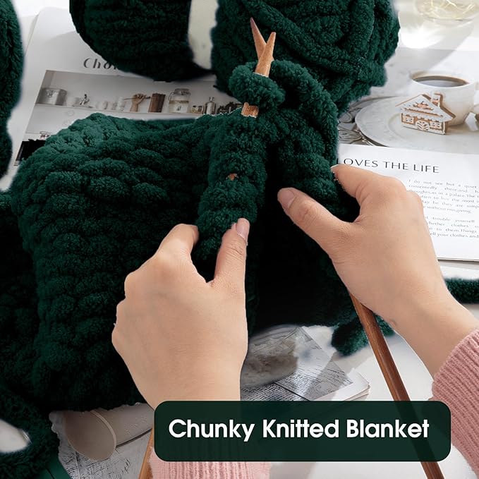 HOMBYS Dark Green Chunky Chenille Yarn for Hand Knitting,Fluffy Soft Jumbo Yarn Crocheting,Super Bulky Big Yarn for Chunky Blanket,Large Thick Arm Knitting Yarn,8 Pack Plush Yarn