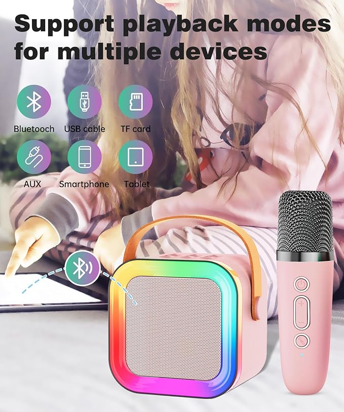 Mini Karaoke Machine Speaker for Kids Adults,Portable Bluetooth with 1-2 Wireless Microphones,Christmas Birthday Gifts Toys Girls Boys Ages 4, 5, 6,7, 8,9,10,11,12+ Years Old Toddler (Pink - 1 Mic)
