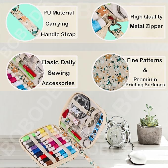 Arts Craft Sewing Kits Printing Sewing Kit Floral Pattern Sewing Set Professional Travel Sewing Supplies with 18 Colors Sewing Thread, Basic Sewing Accessory for Emergency, Home