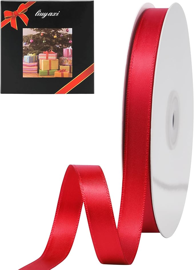 LIUYAXI Hot Red Stain Ribbon, 5/8" X Continuous 50 Yards, Double Faced Fabric Ribbon Perfect for Gift Wrapping Wedding Birthday Party Christmas Hair Floral Craft Baby Shower