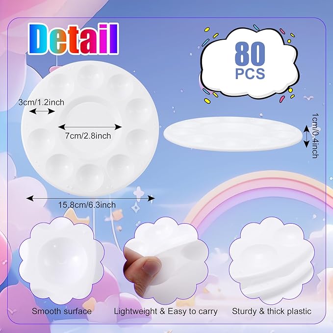 80 PCS Paint Tray Palettes,Plastic Paint Pallets with 10 Wells,Round Paint Pallet for Kids and Students,White Paint Palette for Art Classes,Acrylic Painting,Watercolor Painting,DIY Crafting