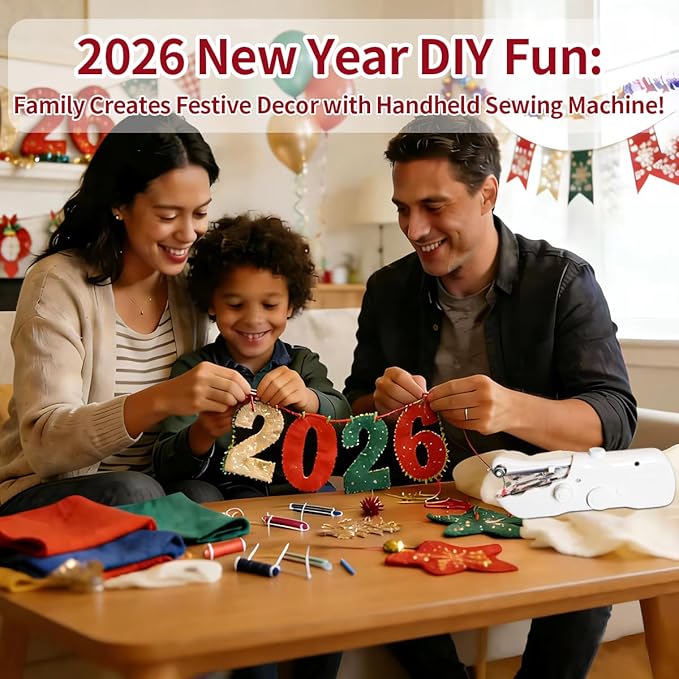 Handheld Sewing Machine for Beginers, 8 Pieces New Year's Fabric,Dual Power Supply Sewing Tool,Mini Sewing Machine Perfect for Home Travel Cloth Repair,2026 New Year DIY Gifts