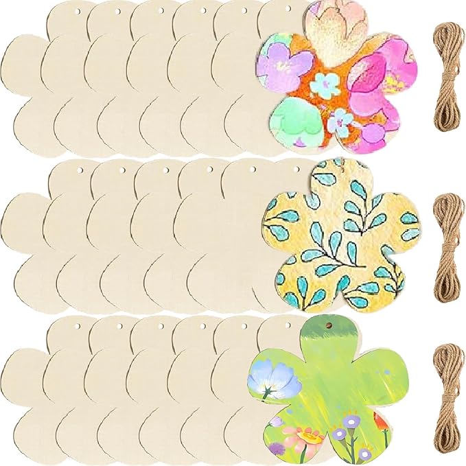 50 Pcs Wooden Ornaments, BetterJonny 3.15 * 2.56in Unfinished Natural Wood Slices with Holes Blank Wood Discs with 50pcs Jute Rope for DIY Christmas Decoration
