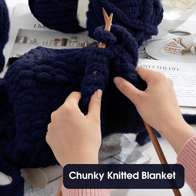 HOMBYS Navy Blue Chunky Chenille Yarn for Hand Knitting,Fluffy Soft Jumbo Yarn Crocheting,Super Bulky Big Yarn for Chunky Blanket,Large Thick Arm Knitting Yarn,8 Pack Plush Yarn