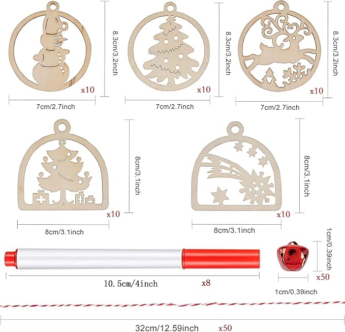 Artmag 50pcs Unfinished Wooden Hanging Ornaments for Christmas Decorations,5 Styles DIY Wood Slices with Holes for Crafts Centerpieces Holiday Hanging Decorations