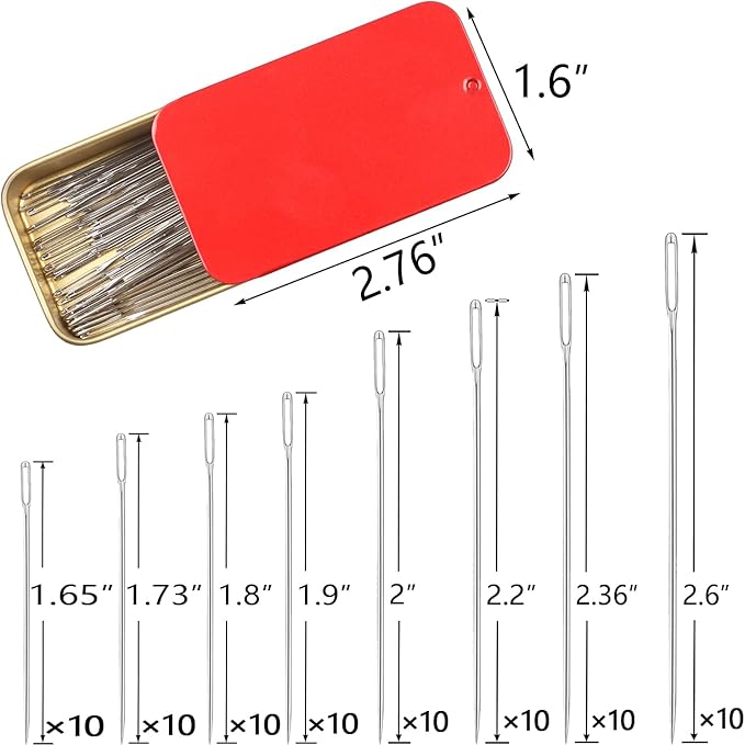 40/80PCS Large Eye Sewing Needles, 8 Sizes Hand Sewing Sharp Needles, Embroidery Needle, Leather Needle,Stainless Steel Yarn Needles with Threaders & Stitch Markers (Red 80pcs)