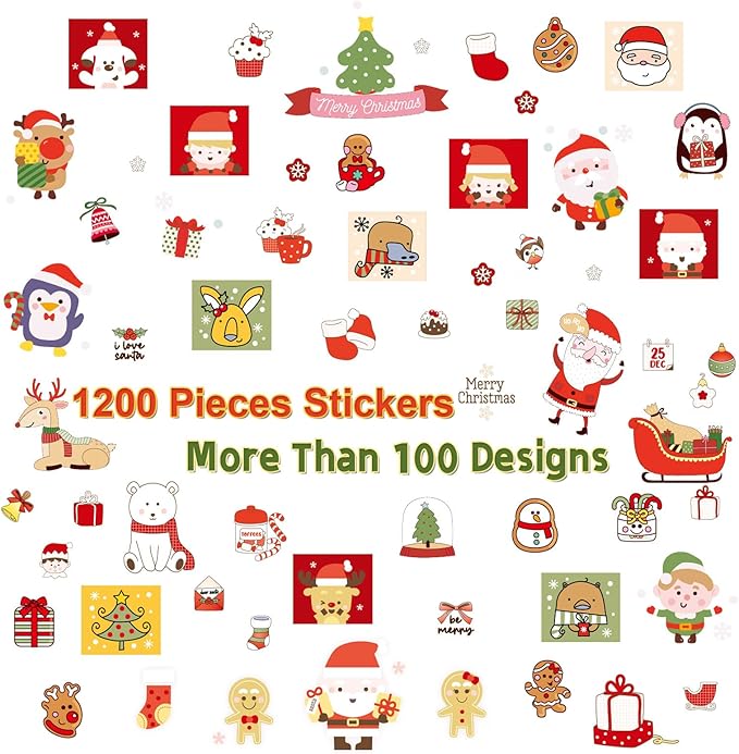 1200 Pieces Christmas Stickers, Xmas Holiday Envelopes Merry Christmas Gift Decorations, Santa Claus, Reindeer, Snowman Winter Stickers for Notebook, Bottles, Mega Sticker Pack Gift for Kids