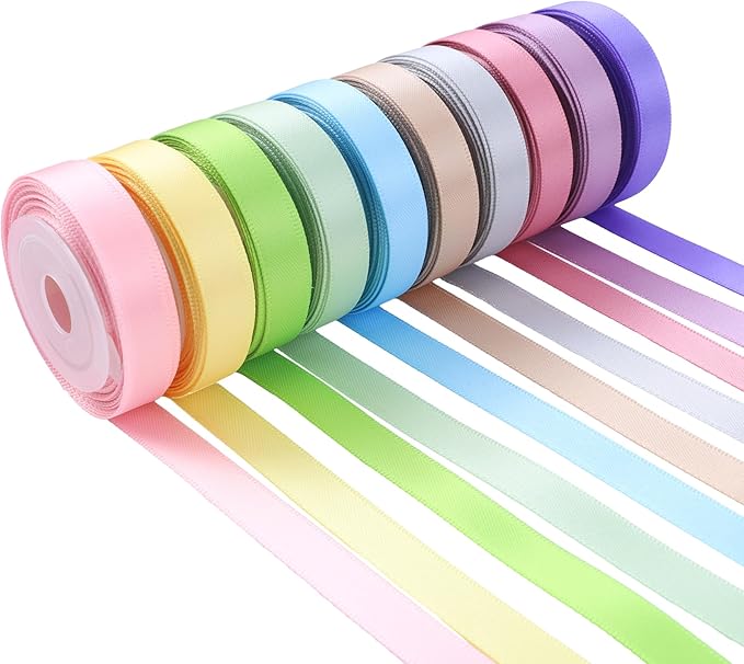VATIN Pastel Rainbow Ribbon Assortment Satin Rainbow Colored Ribbon 3/8" X 50 Yards, for Crafts, for Gift Wrapping Party Decoration DIY Handmade Hair Bows