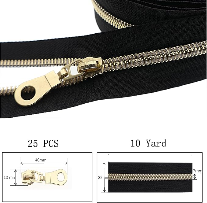 #5 Gold Metallic Nylon Coil Zipper by The Yard, Bulk 10 Yards Black Tape Gold Teeth with 25PCS Gold Zippers Pulls for Sewing, Bags, Purses YIGUANXIN