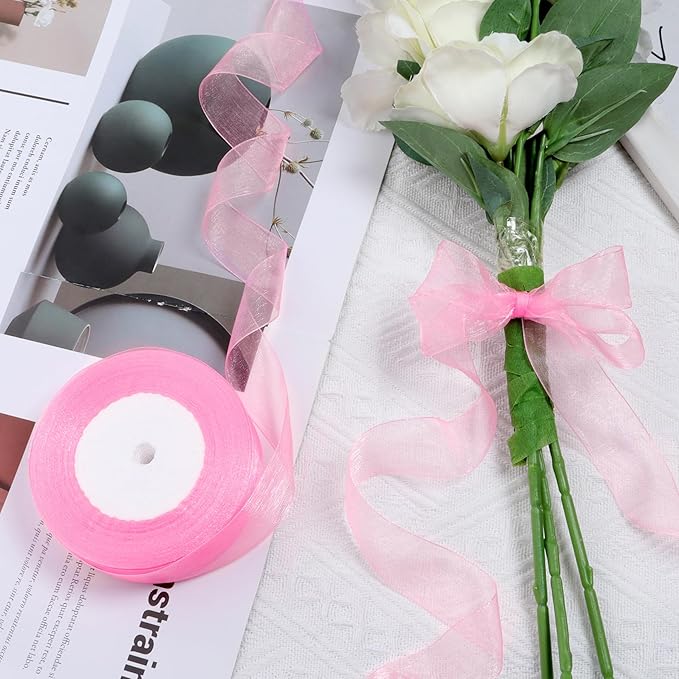 Pink Ribbon for Gift Wrapping 3/8 inch Sheer Organza Ribbon for Flower Bouquet Tulle Chiffon Ribbons for Wedding Invitations Christmas Halloween Decorations Crafts 50 Yards