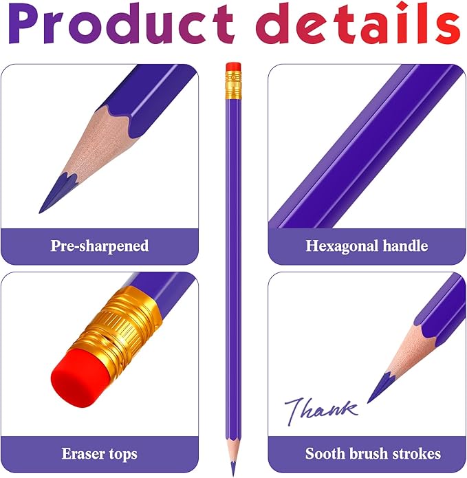 Zhanmai 24 Pieces Purple Pencils with Eraser Pre-sharpened Erasable Checking #2 HB Pencils with Erasable Tops for Writing Drawing Checking Coloring Tests Grading Map Coloring Editing Office Favors