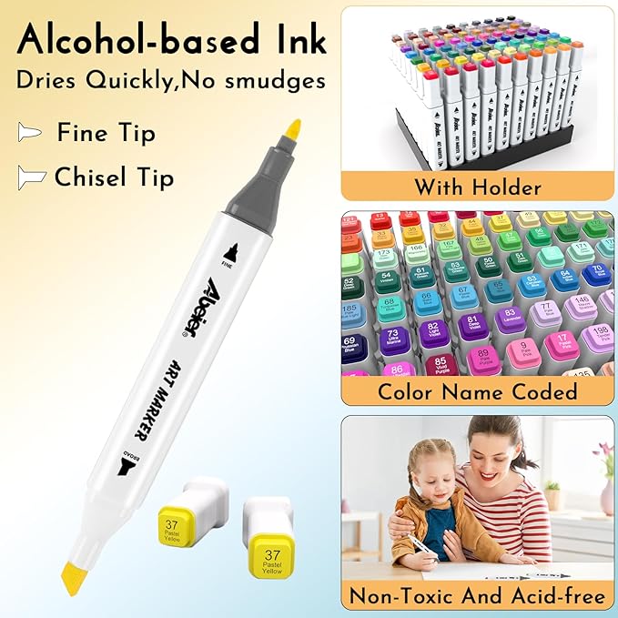 ABEIER Alcohol Markers, 120 Colors Dual Tip (Fine & Chisel) Art, Coloring Markers for Adults Kid, Ideal for Book Drawing Sketching Painting, Card Making, Includes 1 Colorless Blender