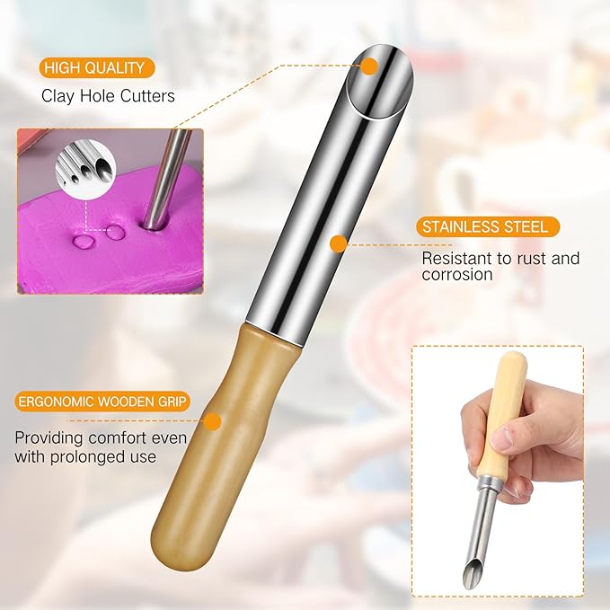 Leriton 16 Pieces Clay Hole Cutters Stainless Steel Circle Shaping Clay Tools Wooden Handle Circular Pottery Tools for Sculpture Pottery Drilling Holes Supplies, 4 Sizes