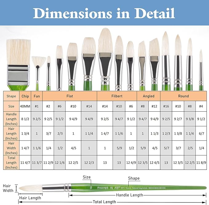 Falling in Art Natural Bristle Professional Paintbrush Set, 15PCS Long Handle Brushes for Acrylic Painting, Oil Paint Brushes of Fan, Round, Flat, Angled, and, Filbert with Storage Pouch, Green