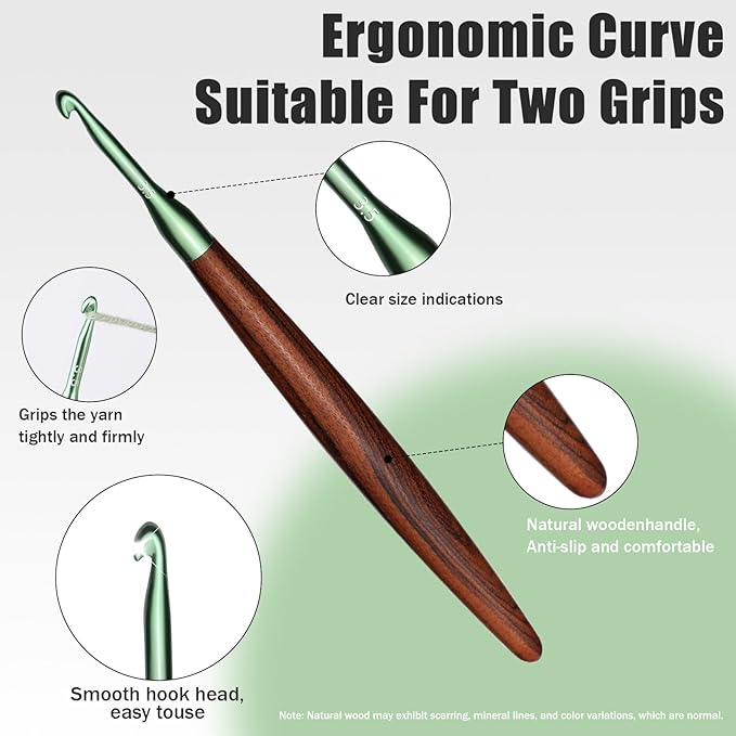 Giwrmu Crochet Hooks, 3.5mm Ergonomic Crochet Hook, Available in 3mm-7mm, Colored Aluminum Crochet Hook with Wooden Handle Crochet Needle for Crocheting Yarn