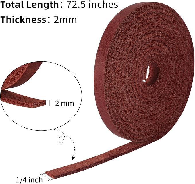 Ringsun 1/4 Inch Wide Flat Leather Strips for Crafts, Full Grain Leather Strap Cord String for Crafts, Tooling (2mm Thick 72.5 Inches Long Red)