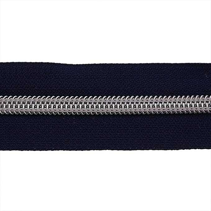 #5 Silver Metallic Nylon Coil Zippers by Yard Bulk Coil Zipper Roll 10 Yards with 25pcs Silver Pull for DIY Sewing Craft Bag(Navy Blue) YIGUANXIN