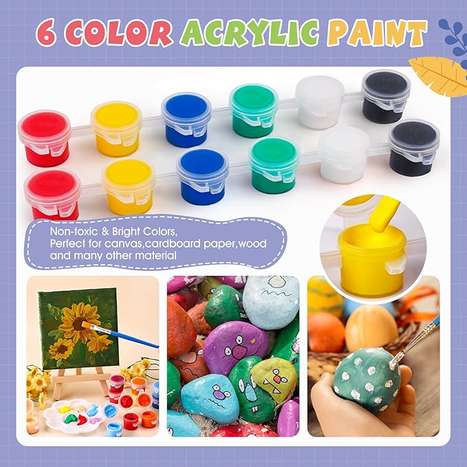 ESRICH 6 Set Mini Acrylic Paint Kit, Minis Stretched Canvas with Easel, Acrylic Paint Strips, Paint Palettes, Painting Brushes, Mini Canvas and Easel Set for Kids Artists Beginner, Gift