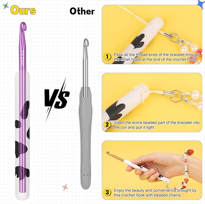 Katech Ergonomic Crochet Hook, Aluminum Soft Grip Crochet Hooks for Beginners and Arthritic Hands, Soft Clay Crochet Needle with Cow Motif and Bead Chain-Ideal Gift for Crocheter (5.0mm)