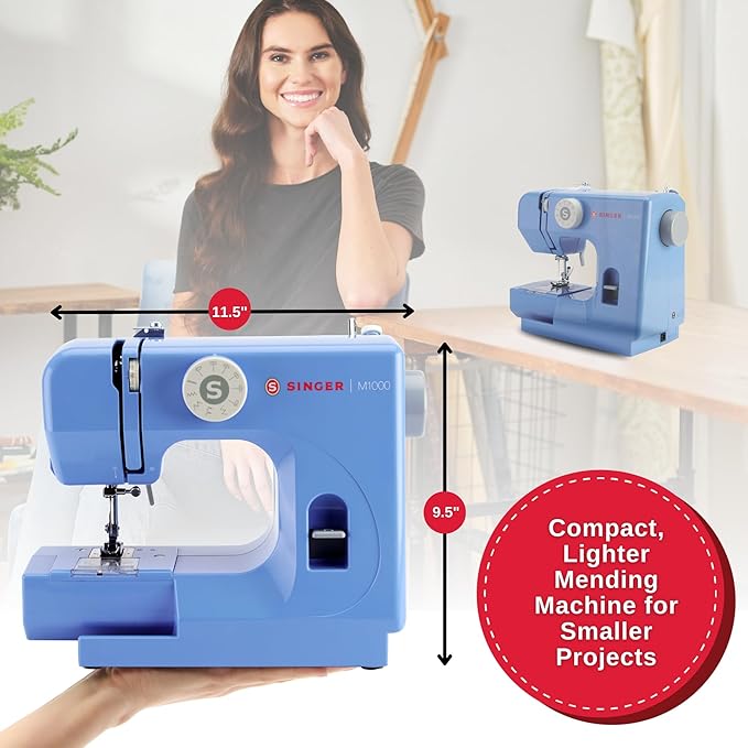 SINGER M1000 Mending Machine | Compact, Lightweight & Portable With 32 Stitch Applications & LED Light | Great for Light to Medium Weight Fabrics & Repairs – Blue