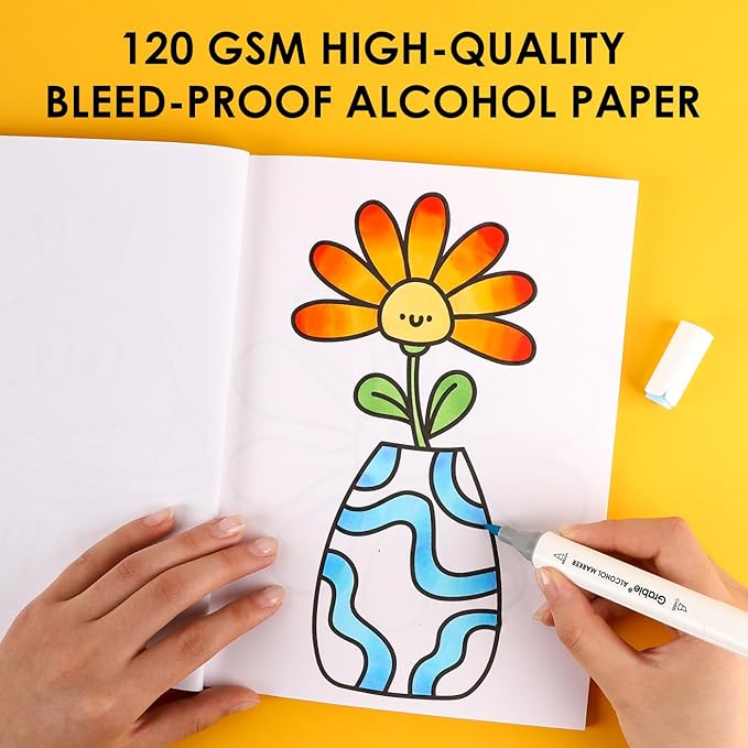 Grabie Easy Coloring Book for Adults Relaxation,Simple Mindful Coloring Pages for Alcohol Markers,Stress Relief Themes Flowers,Mushrooms,Monsters and More,Cute Designs(Feel Good with Color,30 Sheets)
