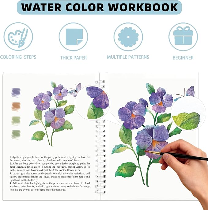 Watercolor Workbook, 15 Different Patterns of Original DIY Paintings for Water Color Book, 8.7 * 6.7inch, Water Coloring Book for Beginners Adults (Without Palette, Flowers)