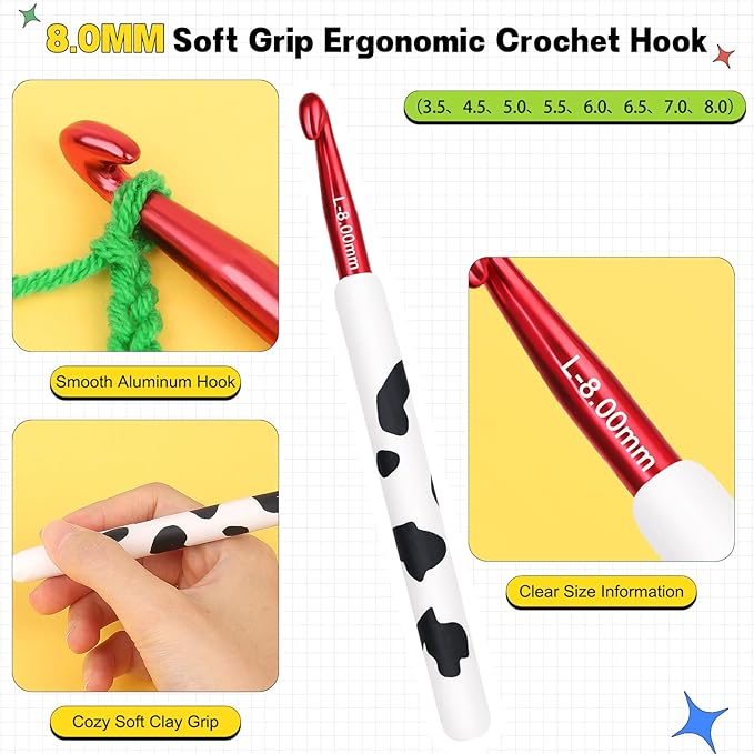 Katech Ergonomic Crochet Hook, Aluminum Soft Grip Crochet Hooks for Beginners and Arthritic Hands, Soft Clay Crochet Needle with Cow Motif and Bead Chain-Ideal Gift for Crocheter (8.0mm)