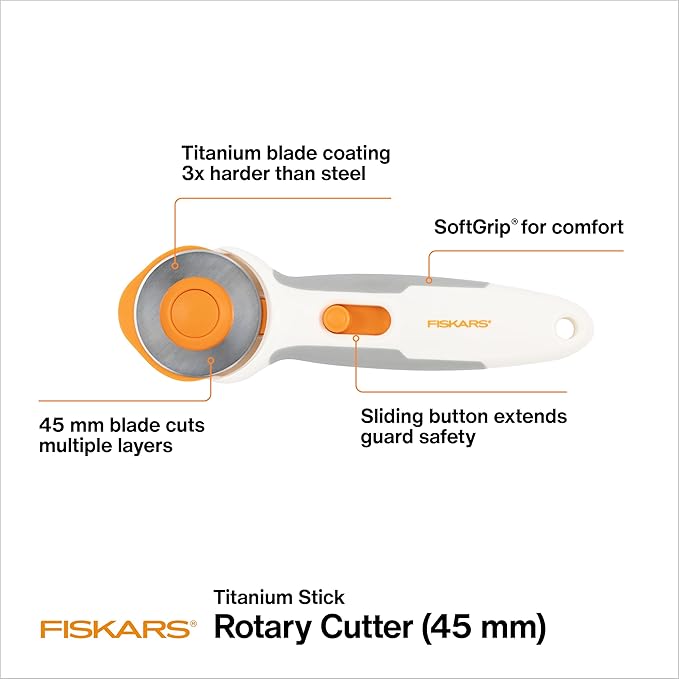 Fiskars Rotary Cutter, Titanium Coated Precision Blade, Cuts Fabric and Vinyl, 45mm, SoftGrip Handle for Comfort