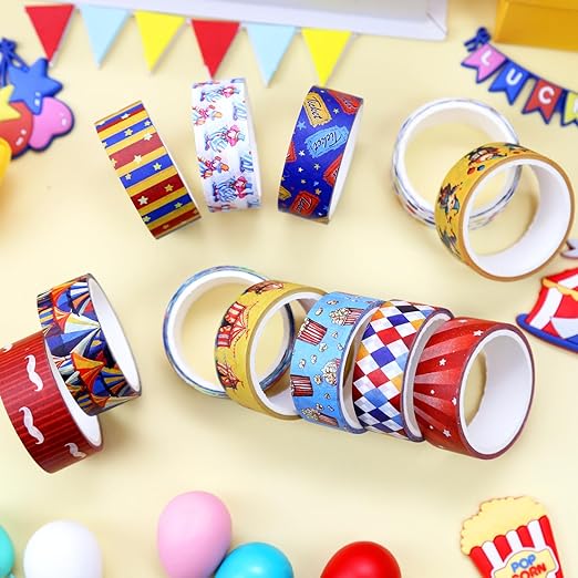 12 Rolls Circus Washi Tape Set, Vintage Carnival Cartoon Decorative Tape Tent Clown Tickets Masking Tape for Journaling Supplies, Junk Journal, Scrapbooking, DIY Arts & Crafts, Gift Wrapping