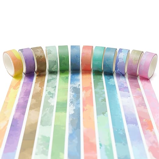 YUBX Watercolors Washi Tape Set 12 Rolls Pastel Colors Masking Macaron Graphic Decorative Tapes for Arts, DIY Crafts, Journals, Planners, Scrapbook, Wrapping