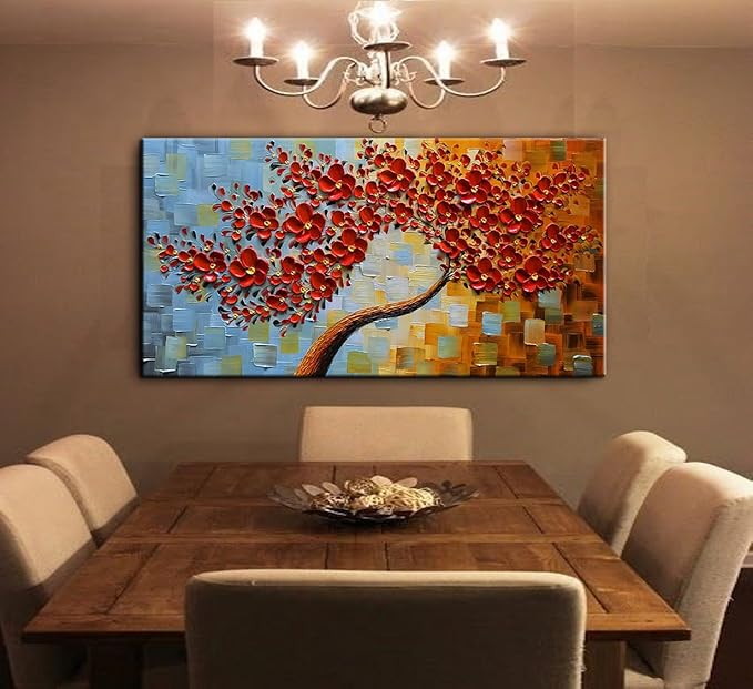 YaSheng Art- hand painted Contemporary Art Oil Painting On Canvas Texture Palette Knife 3D Red Flowers Tree Paintings Abstract Art Home Modern Bedroom Dining Room Living Room Wall Art Decor 20x40inch