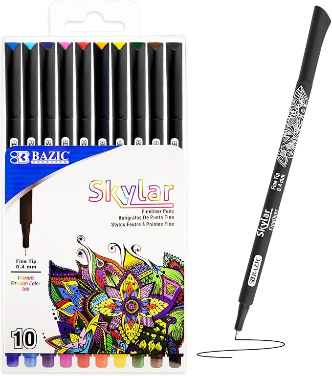 BAZIC Products Skylar Fineliner Pen, Fine Tip 0.4mm Pens, Assorted Colors, Writing Drawing Bullet Journaling for Art Graphic Office School, 10 Count, 144-Pack