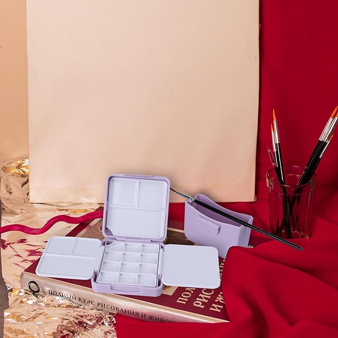 WTYONZEL Travel Pocket Watercolor Set, Artist Outdoor Sketch Kits with 24 Well Palette,3 Foldable Palettes,Clip-on Washing Bucket,Silicone Bag,Ideal for Outdoor Sketch Artists(Purple)