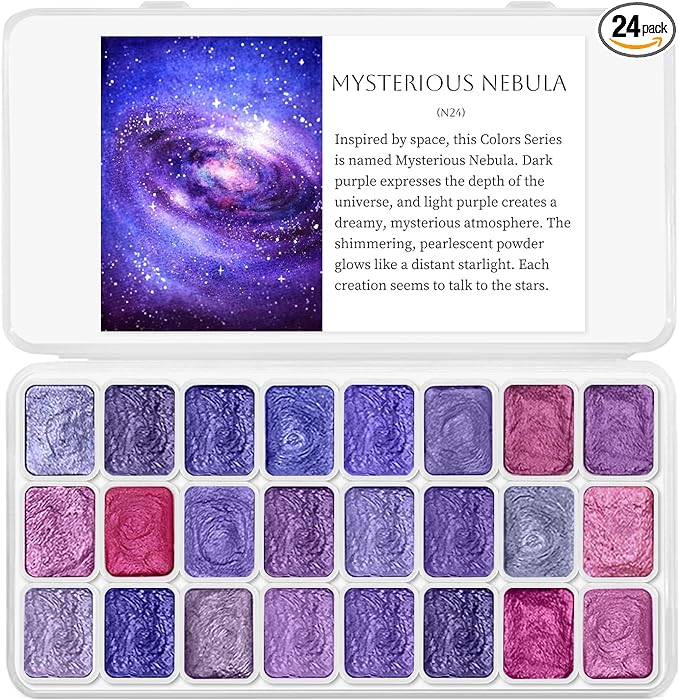 Mini Glitter Watercolor Paint Set with Paper, 24 Colors Shimmer Metallic Watercolour Painting Sets, Solid Pearl Water Color Paints for Adult, Purple 1ml Trial Pack(Mysterious Nebula)