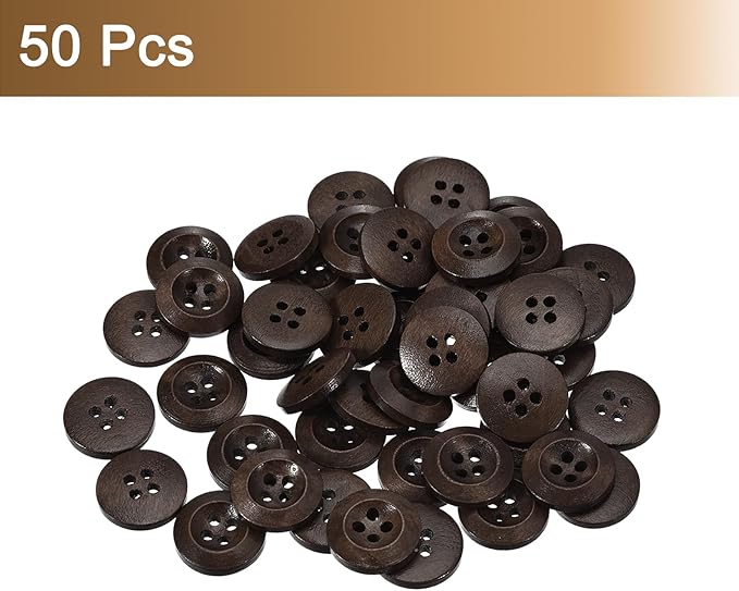 uxcell 50Pcs Wooden Buttons, 23mm(7/8") 4 Hole Round Wood Sewing Button Craft for Sewing DIY Craft Clothing, Dark Brown