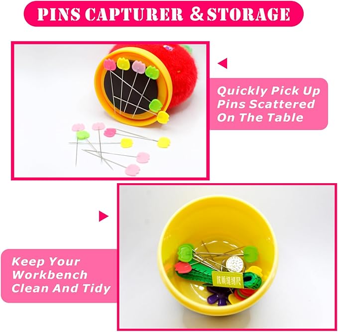 Strawberry Pin Cushion Sewing Tool Set with Magnetic Storage, Including 50 Cute Flowers Needles, Threader, Thimble ＆Tape Measure, Pin Holder for Sewing DesksApplique & Patchwork Crafter.