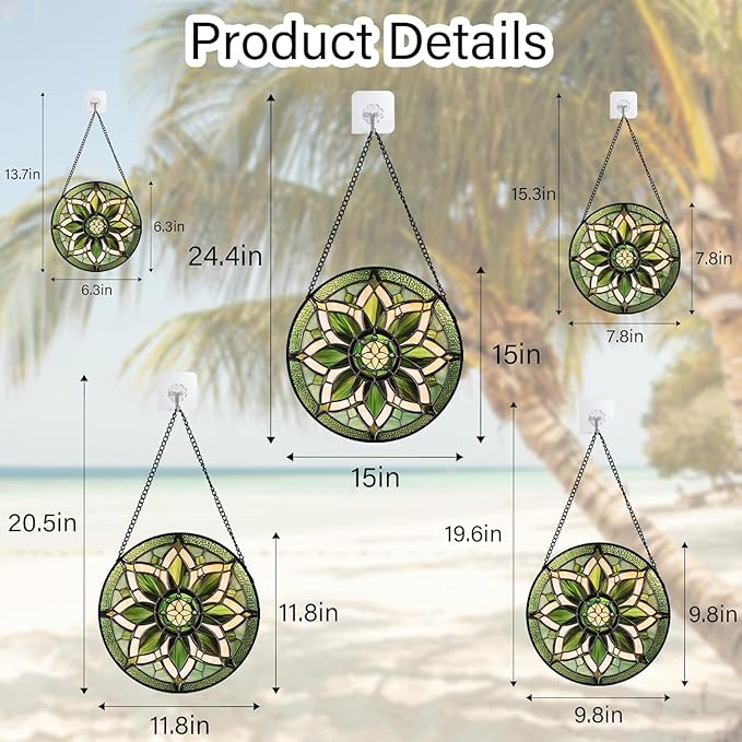 Stained Glass Window Hanging - White Green Boho Flower Suncatcher for Doors Window Home Sun Catchers Decor Christmas Mother's Day Birthday Gifts for Teacher Women Men Mom Nana 11.8 in