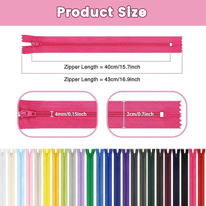 Zippers, DOITEM 48 pcs 40cm/16 Inch Multicolor Nylon Coil Zippers for Sewing and Crafts 24 Colors