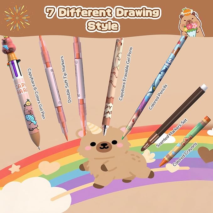 73PCS Capybara Washable Markers Set with Glitter Pencil Case,Art Supplies and Craft for Girls Ages 4-6-8,Kids Coloring Drawing Kit with Marker,Colored Pencil,Crayon,Gel Pen,Birthday Gift Toys for Girl