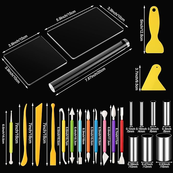 Honoson 24 Pcs Clay Sculpting Tools Kits Polymer Clay Tools DIY Set with Roller, Acrylic Sheet, Scraper Backing Board, Round Circle Shape Cutter, Shaping for Art Craft(Colorful)