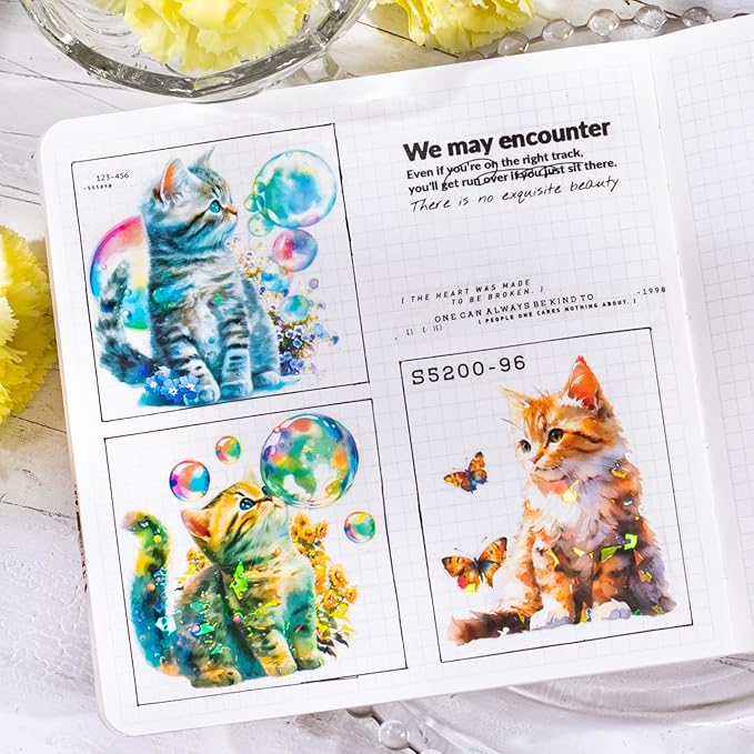 Yoksas Holographic Sparkle Cute Cat Stickers- 60Pcs Waterproof Kawaii Kitty Stickers for Scrapbooks,Journalig,Water Bottles,Planner