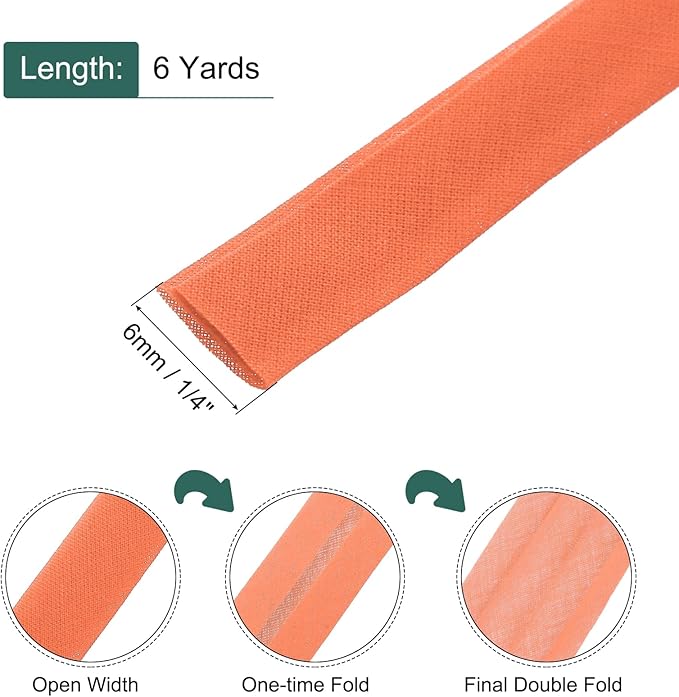 MECCANIXITY 1/4 Inch Double Fold Bias Tape Continuous Bulk Cotton Bias Tape for Sewing Seaming Quilting Hemming Binding Crafts (Orange 6 Yards)